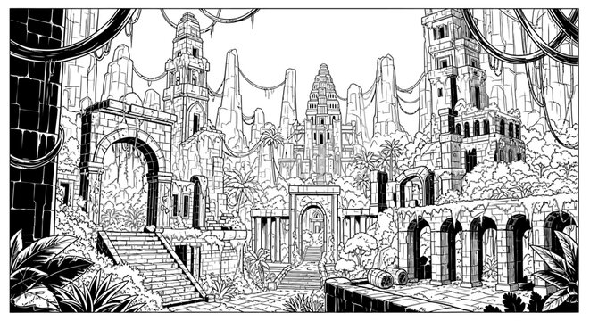Ancient ruins illustration fantasy artwork architectural design monochrome style