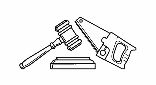 A gavel rests near a saw, implying decisions and manual work