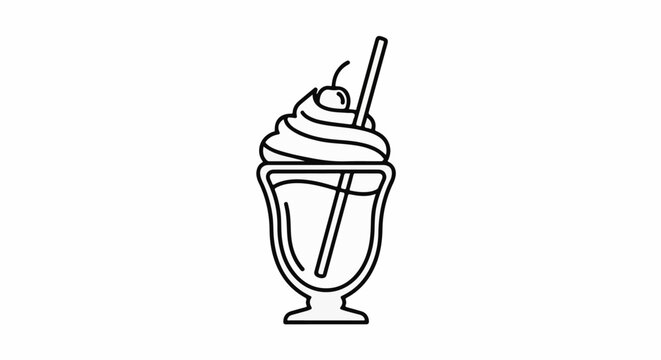 A black and white outline drawing of a delicious milkshake topped with whipped cream and a cherry