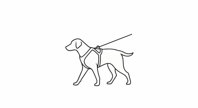 A simple black and white line drawing of a dog wearing a harness