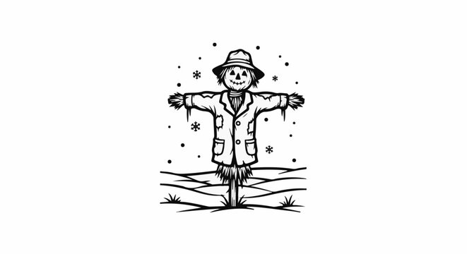 A black and white illustration of a scarecrow with a hat, jacket, and straw stuffing