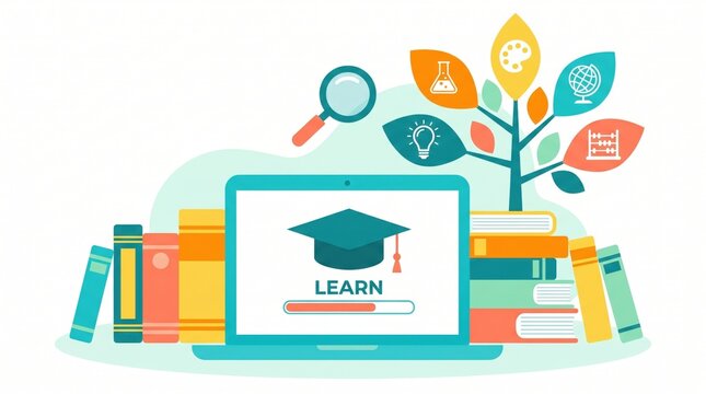 Digital learning concept with laptop, books, and a knowledge tree, symbolizing online education and academic growth.