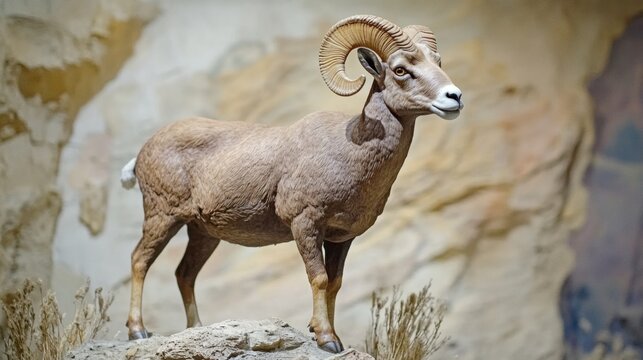 Realistic statue of a bighorn sheep standing on rocky terrain