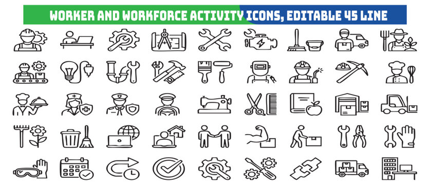 Collection of diverse worker and workforce activity icons representing various professions and tasks