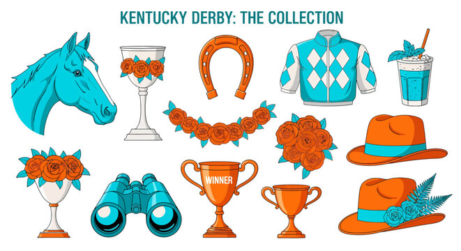 An illustrated collection of Kentucky Derby themed icons featuring a horse trophies roses a jockey shirt binoculars hats and a drink