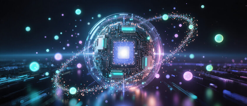 Futuristic AI core glowing sphere digital circuit orbiting particle neon light cyber technology Abstract 3D render of futuristic AI core sphere