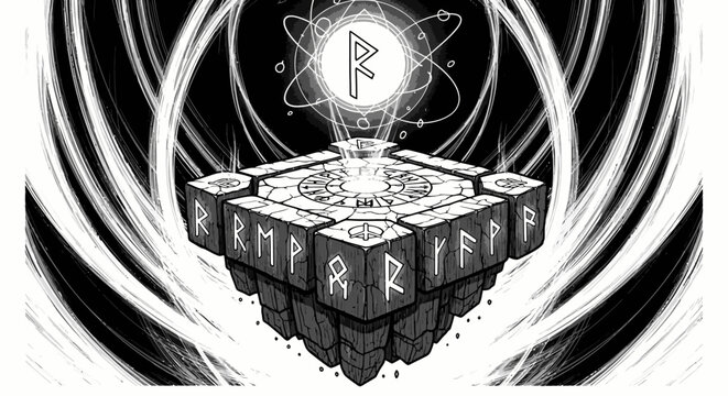 Abstract illustration of a floating stone structure with glowing rune symbol