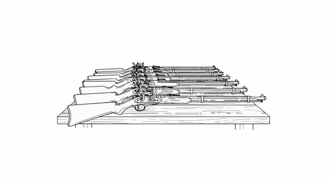 A row of old-fashioned rifles are neatly stacked on a wooden surface