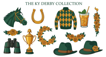 Kentucky Derby themed illustrations featuring a horse jockey silks gold trophy mint julep and rose garlands © Agung