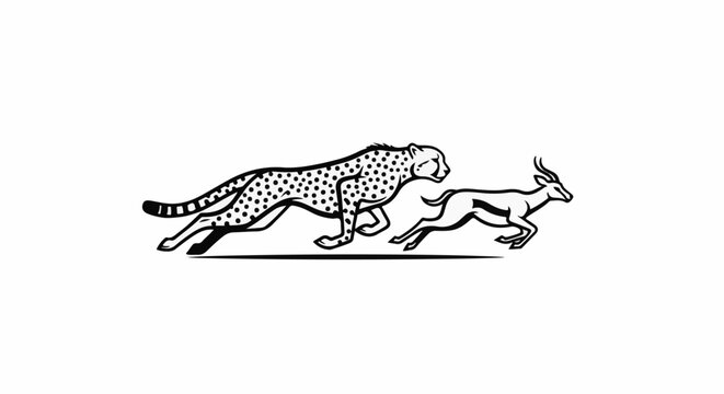 A cheetah chases an antelope in a black and white illustration