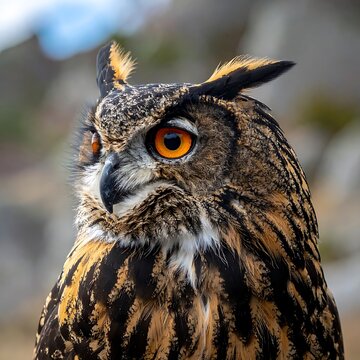 A close-up of an owl's face with striking orange eyes