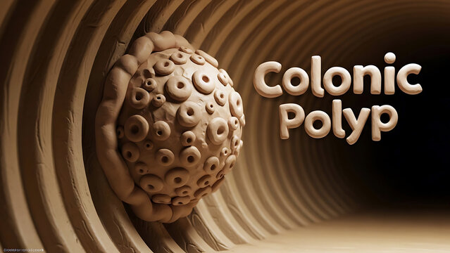 A medical illustration of a Colonic Polyp forms in a human intestine with a tunnel background and a sense of depth from a internal viewpoint.