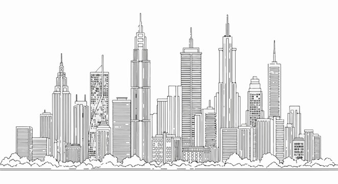 A black and white sketch of a bustling cityscape with diverse architectural structures