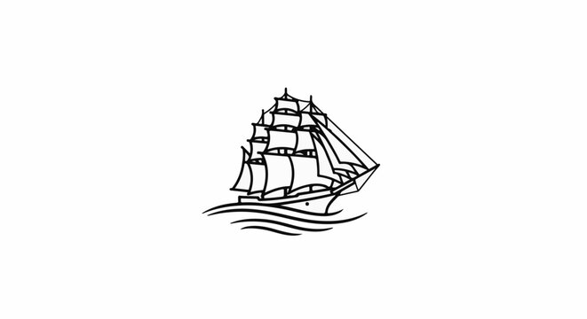 A monochrome line drawing of a sailing ship with full sails