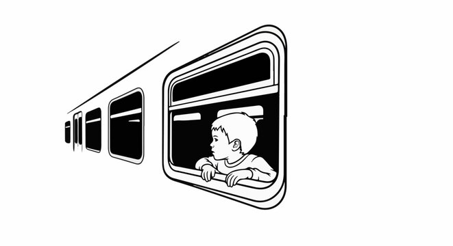A child looks out the window of a moving train