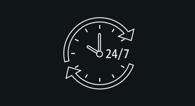 Minimalist white line art icon of a clock with circular arrows and 24/7 text, symbolizing round-the-clock business support and reliability on a dark background.