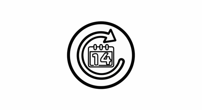 A circular arrow icon overlays a calendar displaying the number fourteen