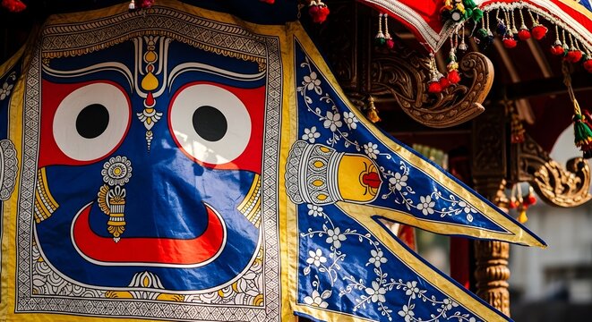 Close Up of Lord Jagannath Face on Decorative Banner for Rath Yatra in Puri India