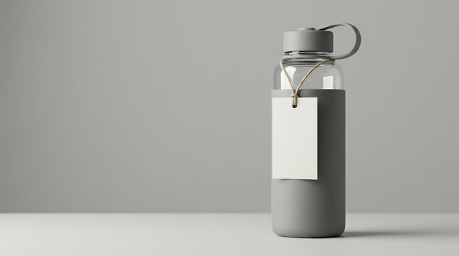 Blank Label Mockup on Grey Water Bottle with Rope Tag
