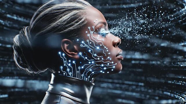 A striking portrait showcases a woman's face intricately overlaid with glowing circuit board patterns, blending human beauty with futuristic technology against a blurred, digital backdrop.