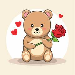 Fototapeta premium Cute Teddy Bear Holding a Red Rose with Hearts