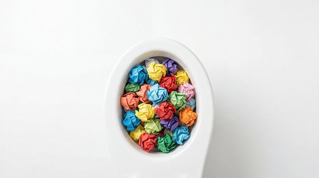 Crumpled paper balls in toilet bowl on white background creative block