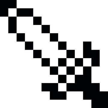 Black and white pixelated sword-shaped mouse cursor, 8-bit icon.