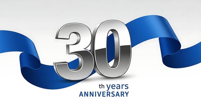 Elegant 30th anniversary celebration design featuring shiny silver numbers and a flowing blue ribbon on a clean white background.