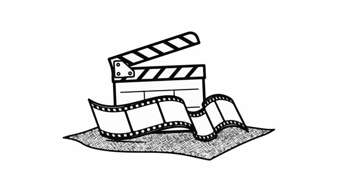 A clapperboard and film strip on a textured surface, a cinematic scene
