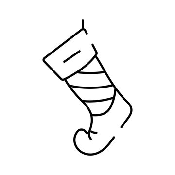 Line art drawing depicting a whimsical elf leg, dressed in a striped stocking, completing the outfit with a characteristic pointed boot, perfect for holiday concepts