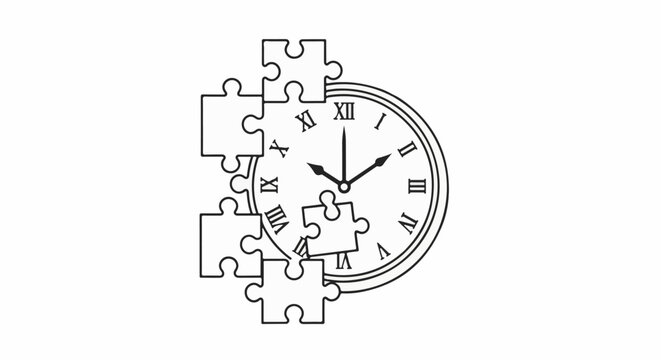 A clock face with roman numerals surrounded by puzzle pieces