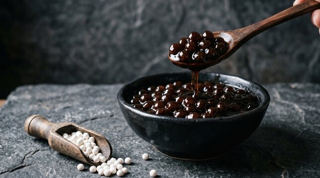 Boiled black tapioca pearls in a bowl with wooden spoon and raw white pearls.