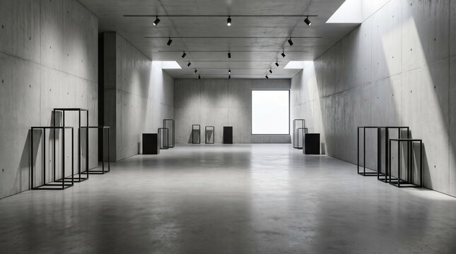 Empty modern industrial art gallery interior with concrete walls and display stands