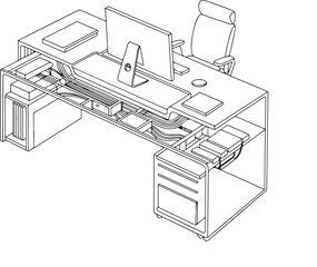 Fototapeta premium Modern executive desk with computer and chair blueprint