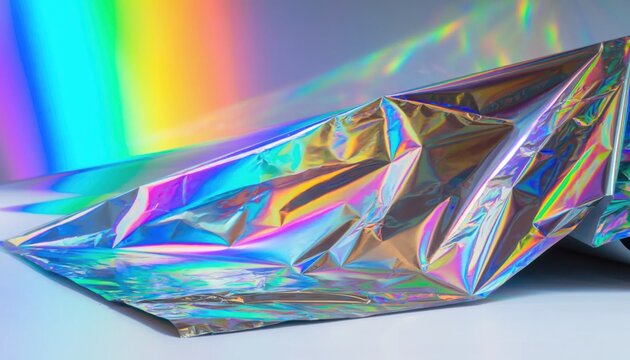 Crinkled Holographic Foil Reflecting a Vibrant Rainbow Spectrum of Light