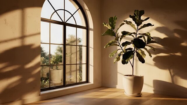 Sunlight streams through an arched window, illuminating a textured wall and a potted ficus tree in a serene interior space.