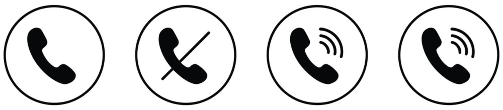 Phone call ring icon set in circular outline, ringing handset symbol vector illustration