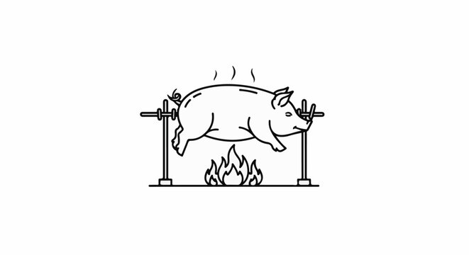 A cartoon pig rotating over an open flame on a spit