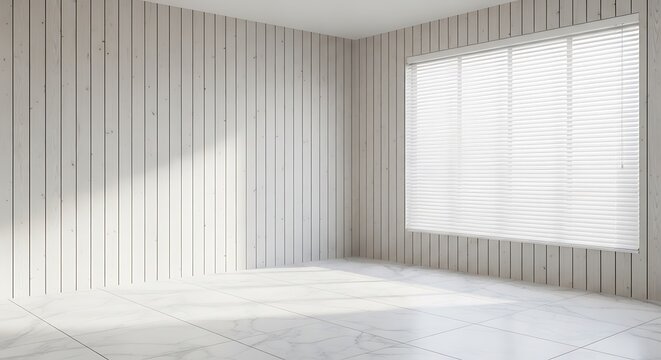 Empty room background, bleached wooden walls, marble tiles floor and big window with venetian blind, white modern architecture interior design