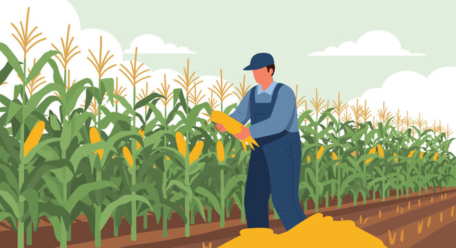 Farmer in blue overalls and a cap harvests yellow ears of corn in a vast field under a light blue sky with white clouds.