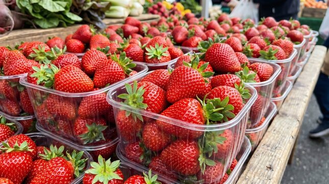 Fresh ripe strawberries in plastic punnets for sale at an outdoor farmers market stall.