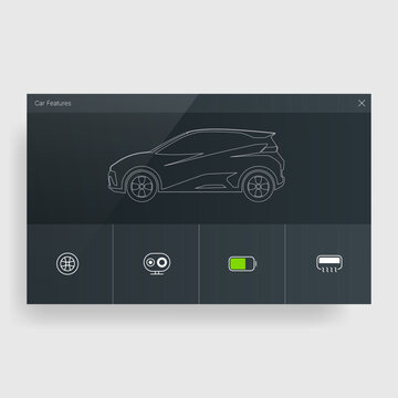 Modern car features interface dashboard with electric vehicle icons