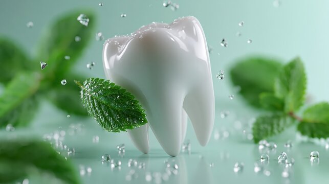 Shiny white human molar tooth reflecting light, surrounded by fresh green mint leaves and splashing water droplets on a soft green background, symbolizing perfect oral hygiene.