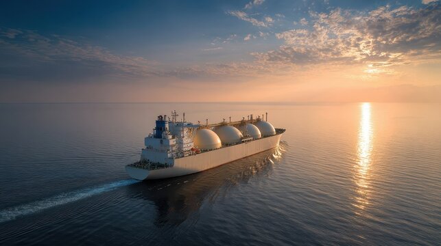 Large liquefied natural gas tanker with spherical tanks sailing on calm ocean water under a beautiful golden sunset sky, global energy transport concept.