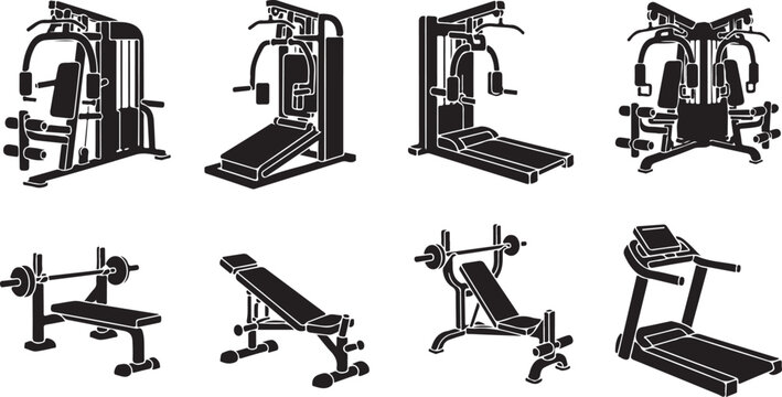 Gym equipment, fitness machines, workout gear, exercise illustrations, vector icons