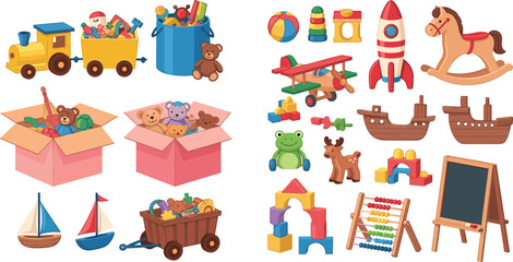 Fototapeta premium Assorted Toy Set with Blocks, Trains, Boats, Animal Figures, and Fun Playtime Elements for Children’s Learning