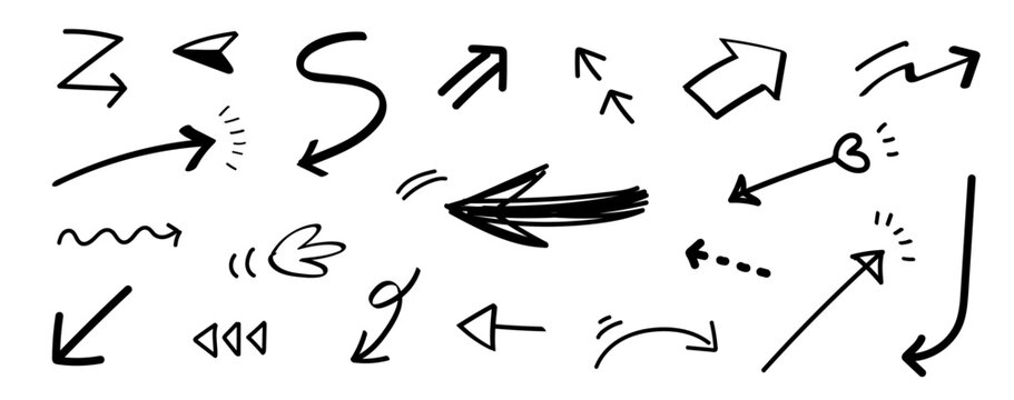 手書きのやじるしベクターイラストセット。ポップな落書き風の矢印ベクターイラストセット。