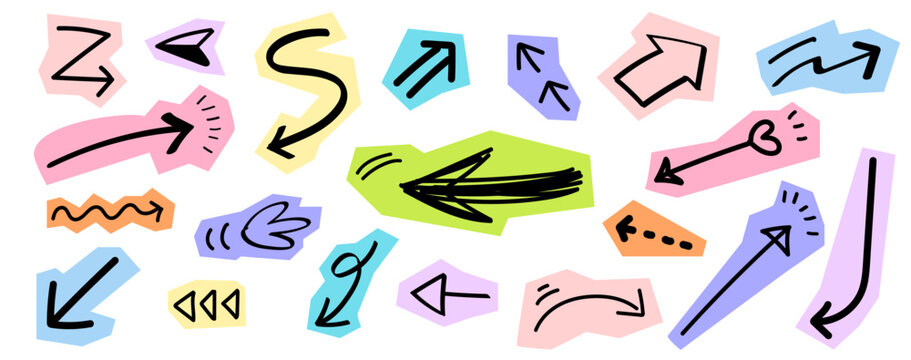 手書きのやじるしのスクラップブックコレクション。ポップな落書き風の矢印ベクターイラストセット。