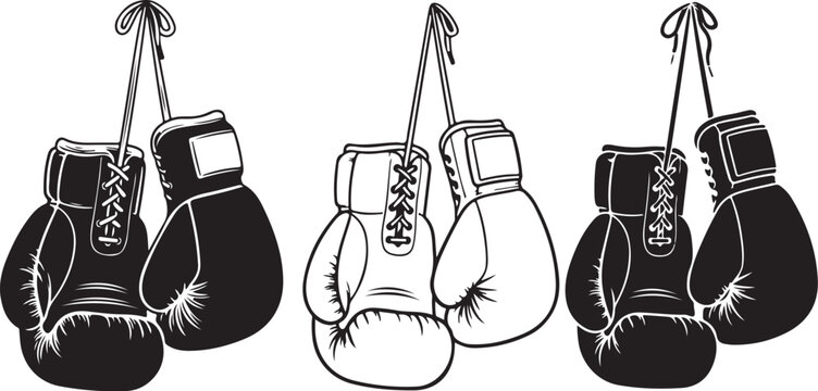 Boxing gloves, hanging boxing gloves, black and white illustration, sports icons, vector graphics