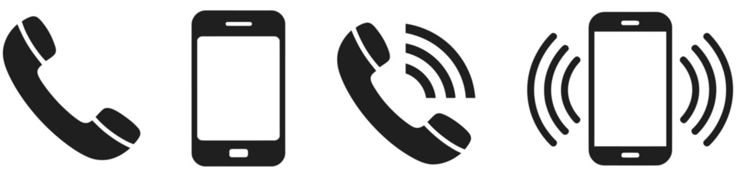 Ringing phone icon set vector illustration, incoming call alert symbols, vibrating handset and notification bell concepts